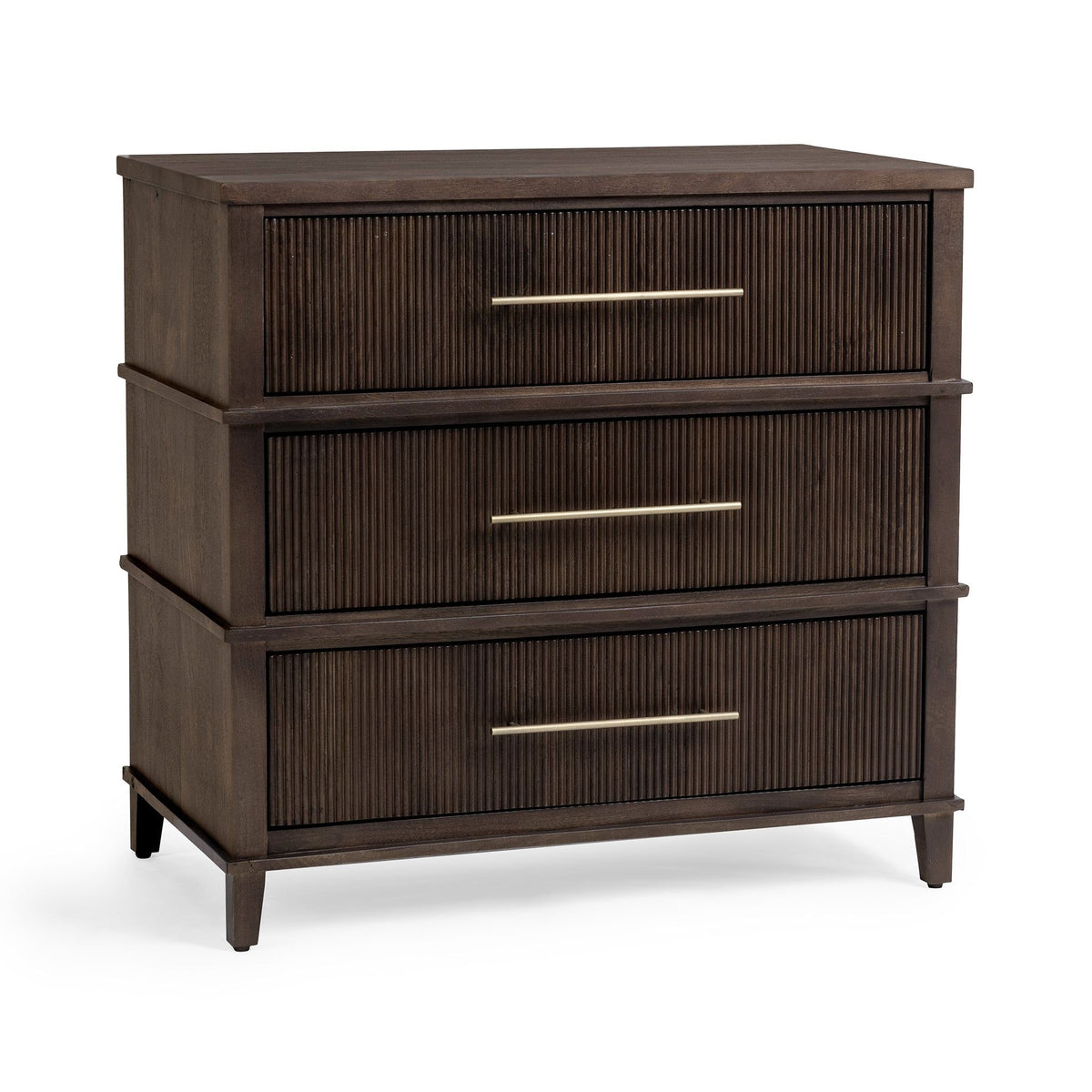 3-drawer chest in Kona brown with ribbed drawer fronts and brushed metal bar pulls
