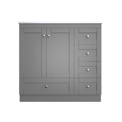 Dark gray bathroom vanity cabinet with sink, two doors, and side drawers