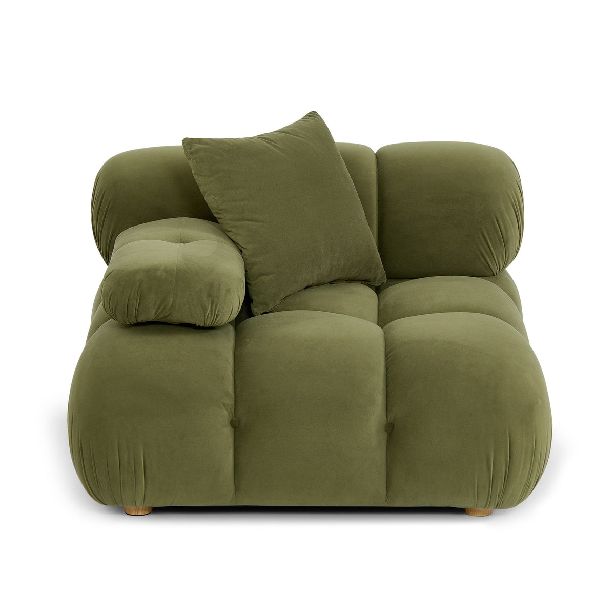 Olive green modular corner chair with rounded arms and tufted seat cushions.