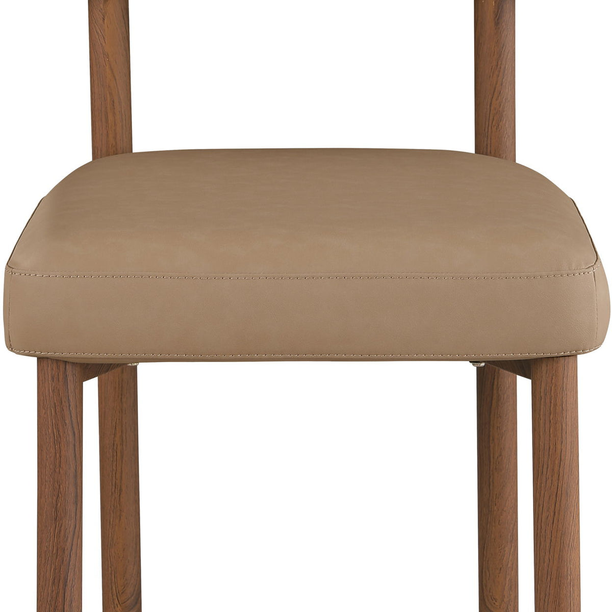 Light brown upholstered dining chair with chenille back and rounded vegan leather seat, wood legs.
