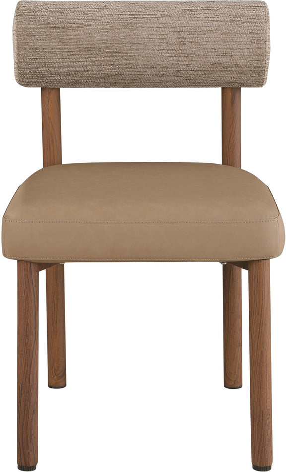 Light brown upholstered dining chair with chenille back and rounded vegan leather seat, wood legs.