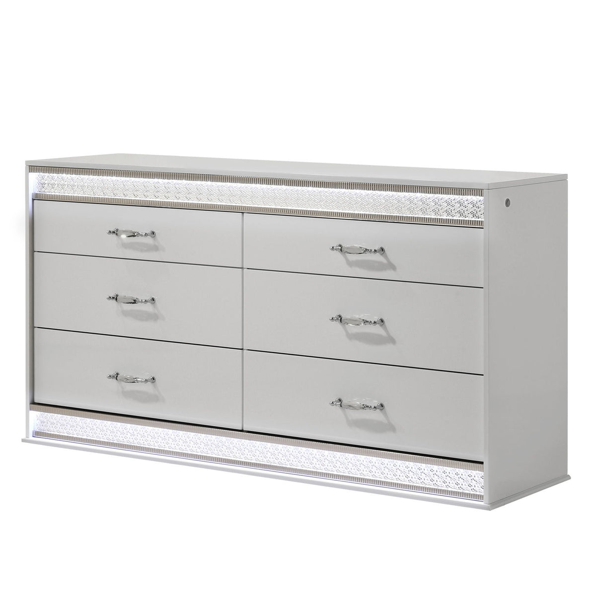 White 6-drawer dresser with textured trim and silver bar drawer pulls, flat top