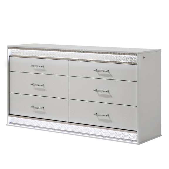 White 6-drawer dresser with textured trim and silver bar drawer pulls, flat top