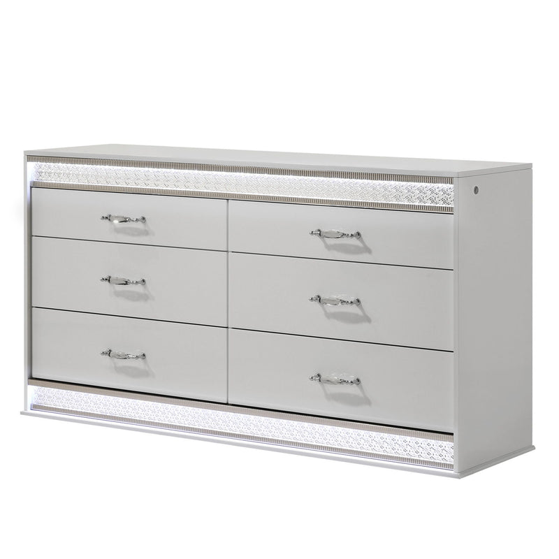 White 6-drawer dresser with textured trim and silver bar drawer pulls, flat top