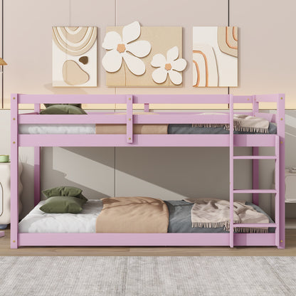 Solid Wooden, Solid Rubber Wooden Twin over Twin Floor Bunk Bed with Ladder, Upper and Bottom Bed Platforms crafted with Strengthened Slats, Pink