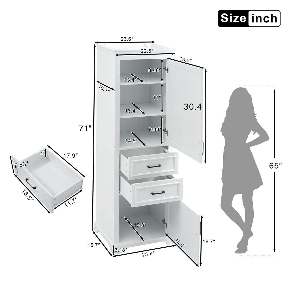 Freestanding Bathroom Vanity Tall With Damping Hinge Doors, Adjustable Shelves - White