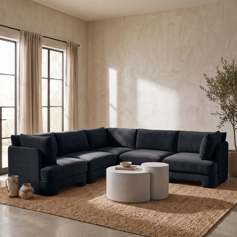 Dark navy velvet corner sectional sofa with five-piece modular L-shape and cushioned arms