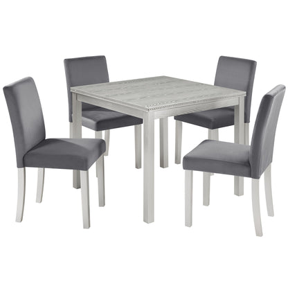 Pearl silver square dining table set with 4 upholstered chairs, light wood legs
