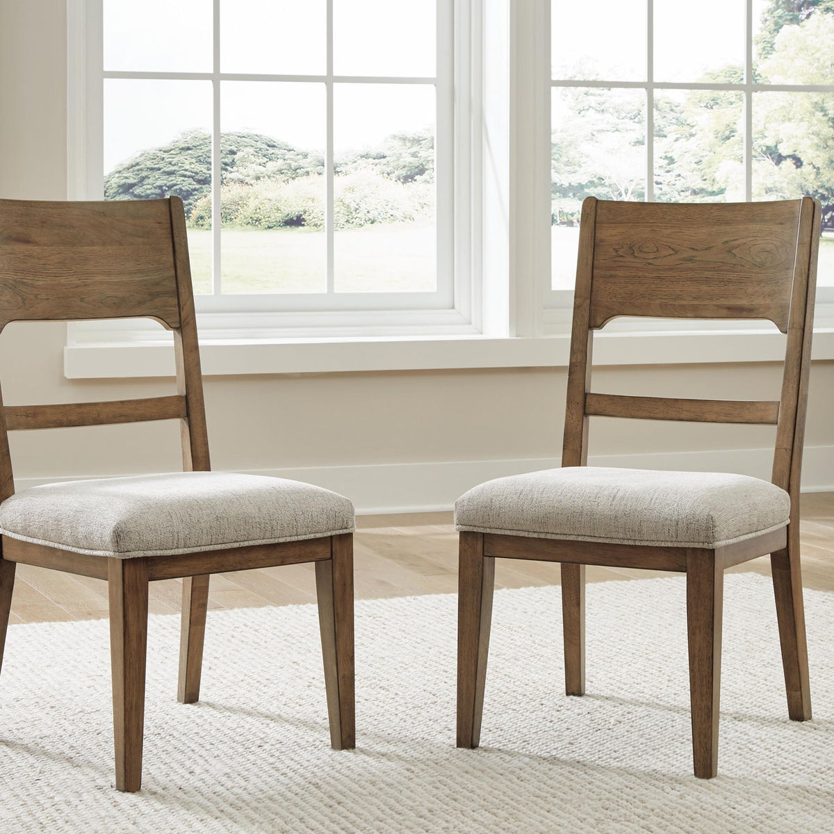 Set of 2 dining side chairs with oatmeal seats and light brown wood slat backrests