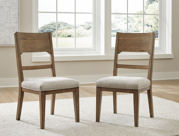 Set of 2 dining side chairs with oatmeal seats and light brown wood slat backrests