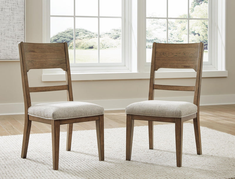 Set of 2 dining side chairs with oatmeal seats and light brown wood slat backrests