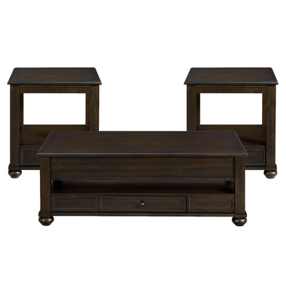 Dark brown two end tables with open base plus matching rectangular coffee table