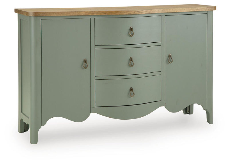 Antique green accent cabinet with wood top, two doors, three drawers, brass pulls