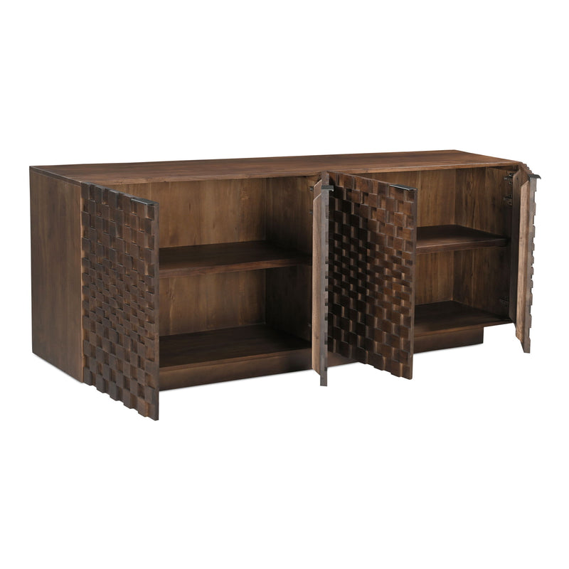 Brown sideboard with open doors, interior shelves, and woven panel door fronts.