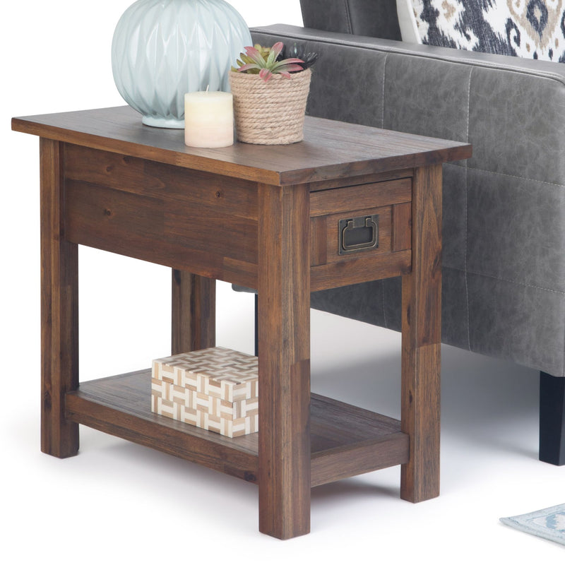 Handcrafted side table in dark brown wood with drawer and lower open shelf