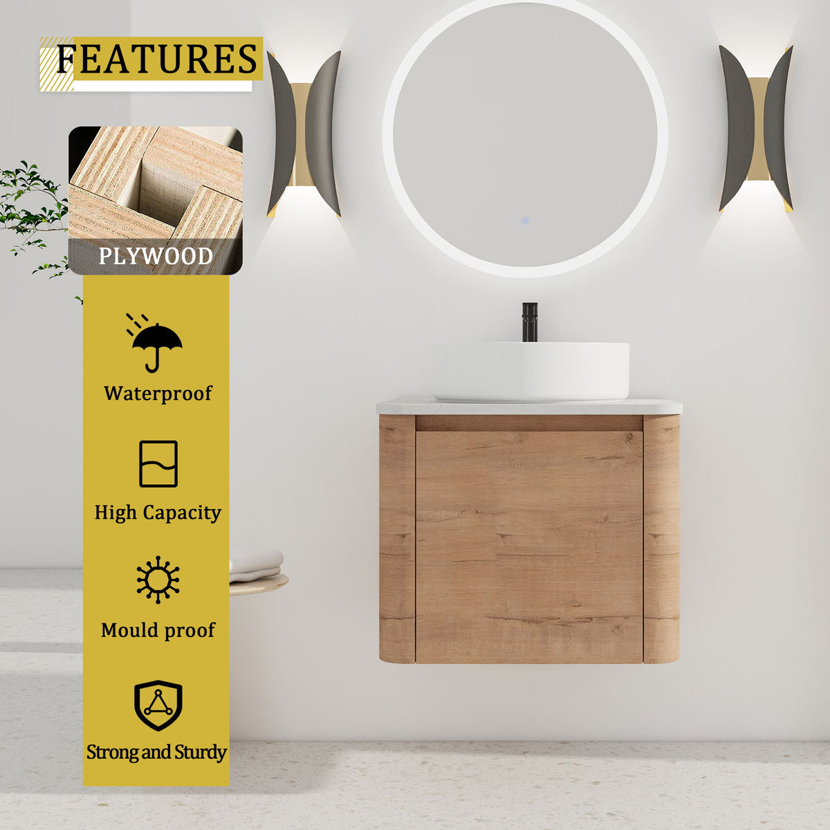 Bathroom vanity with white round vessel sink and 2-door cabinet, wood finish