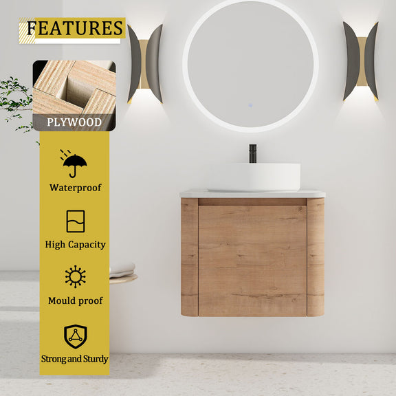 Bathroom vanity with white round vessel sink and 2-door cabinet, wood finish