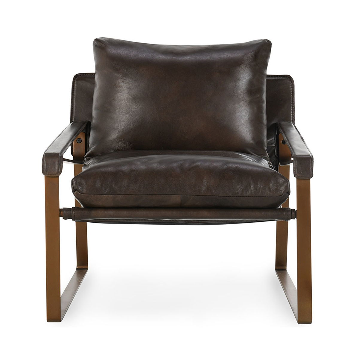 Brown accent chair front view with tufted look, padded arms, and square metal base