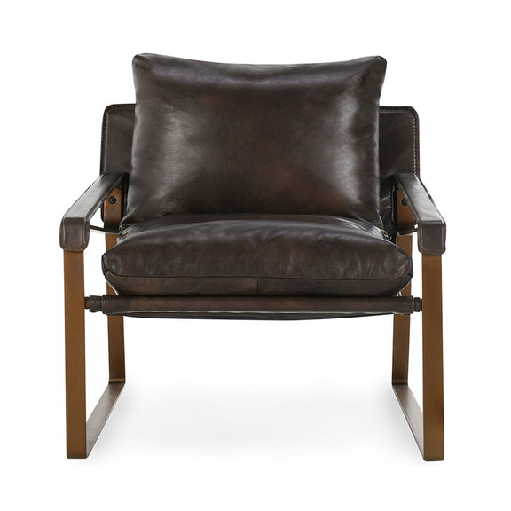 Brown accent chair front view with tufted look, padded arms, and square metal base
