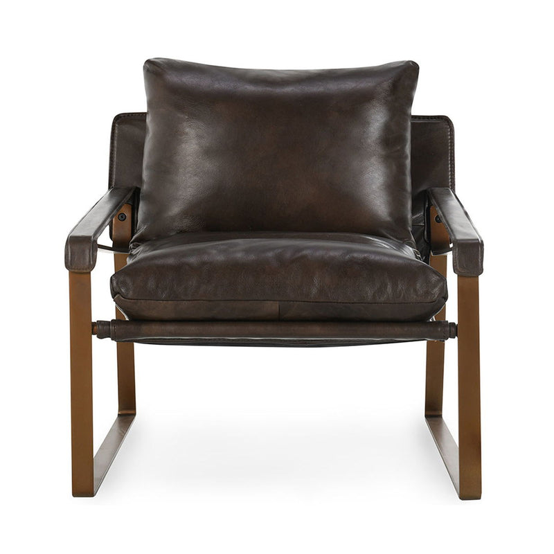 Brown accent chair front view with tufted look, padded arms, and square metal base