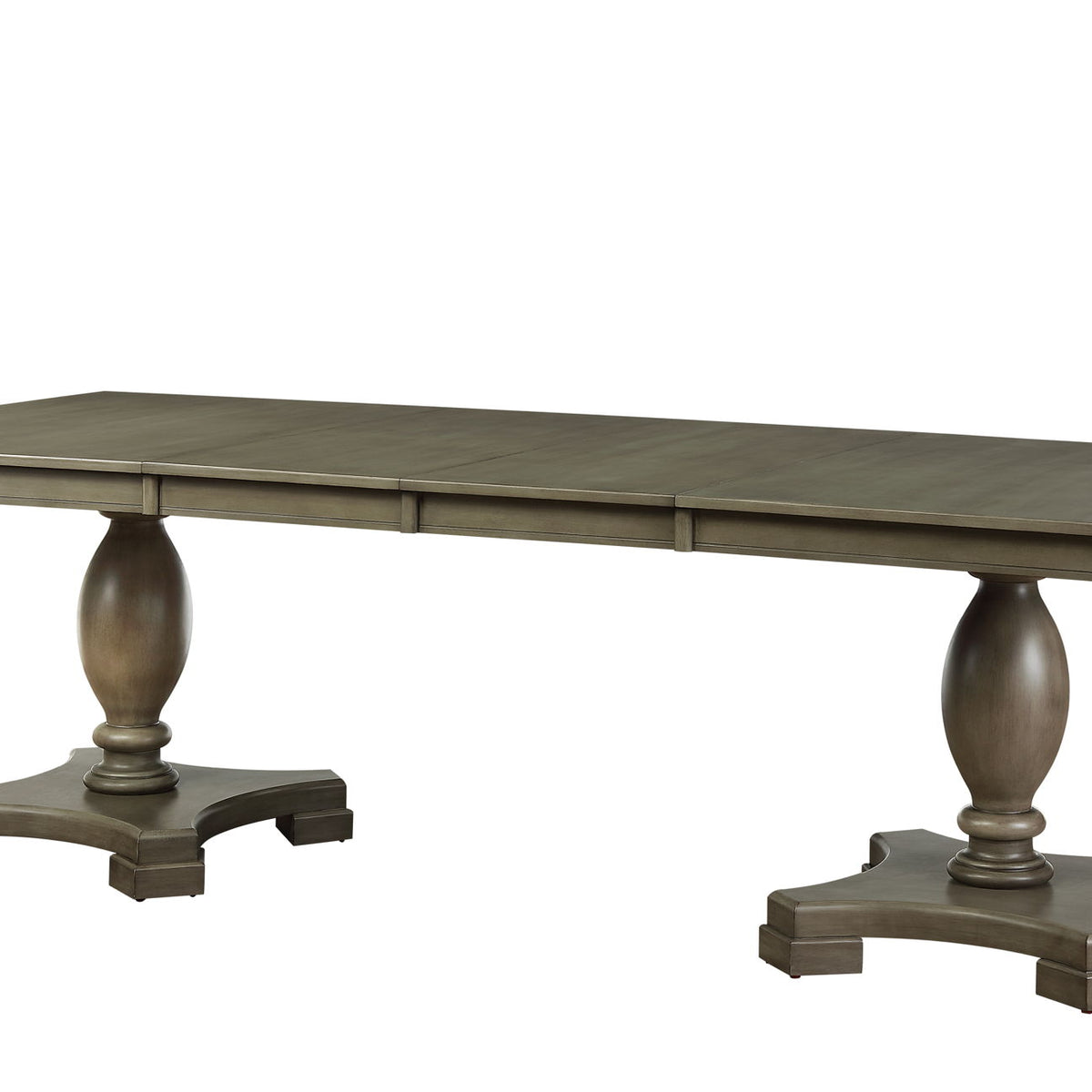 Rectangular dining table with dark gray top and turned pedestal legs