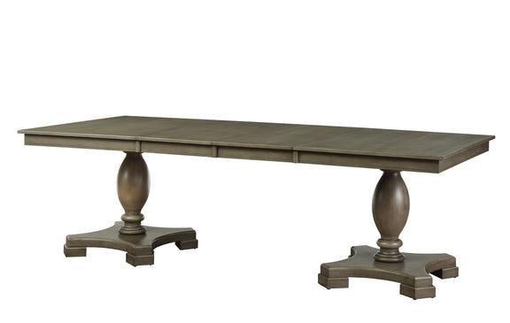 Rectangular dining table with dark gray top and turned pedestal legs