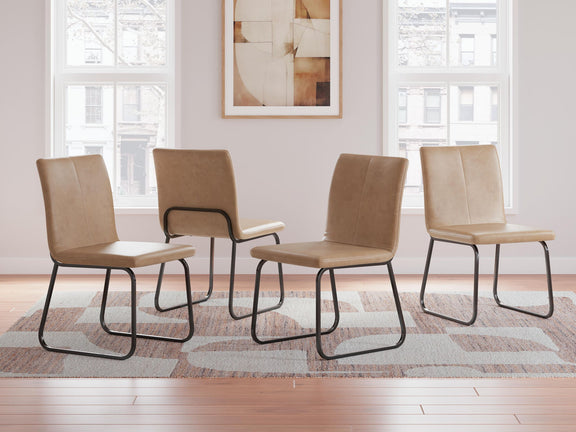 Four tan upholstered dining side chairs with curved backs and black metal sled legs