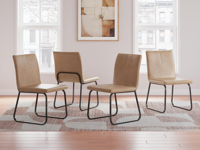 Four tan upholstered dining side chairs with curved backs and black metal sled legs