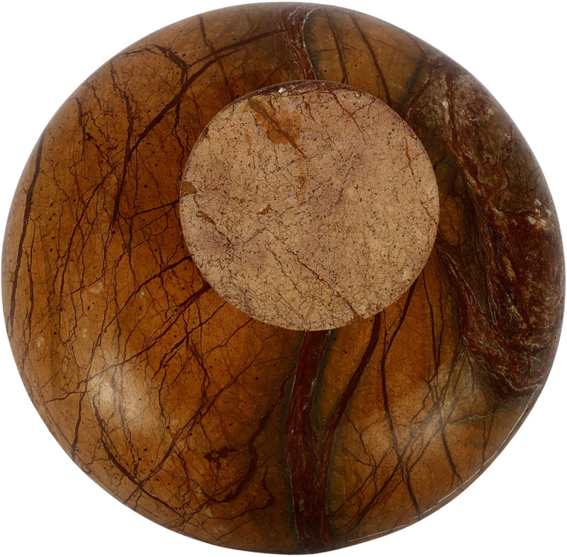 Brown marble round bowl with dark veining and wide shallow rim