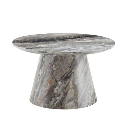 Gray marble-look circular coffee table with flared pedestal base