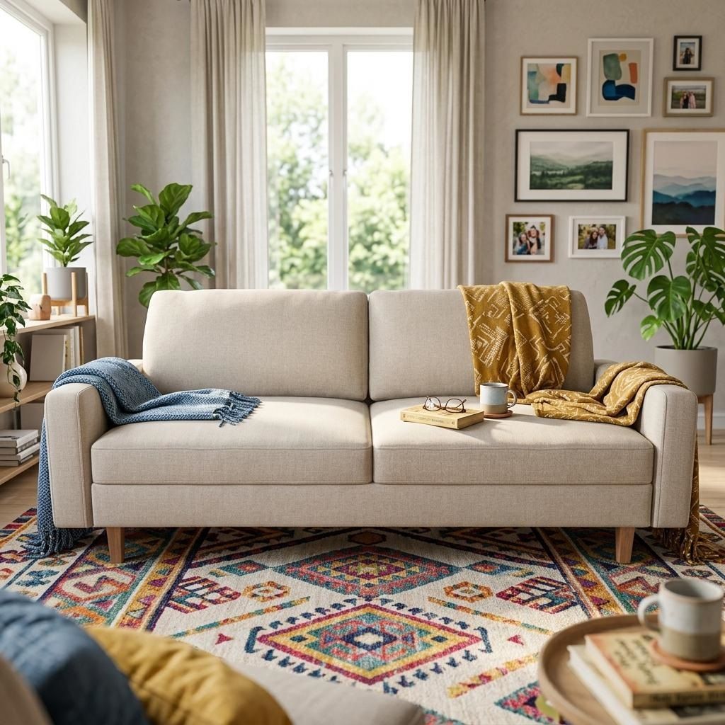 Three-seat upholstered sofa in light beige fabric with removable cushions and tapered wood legs