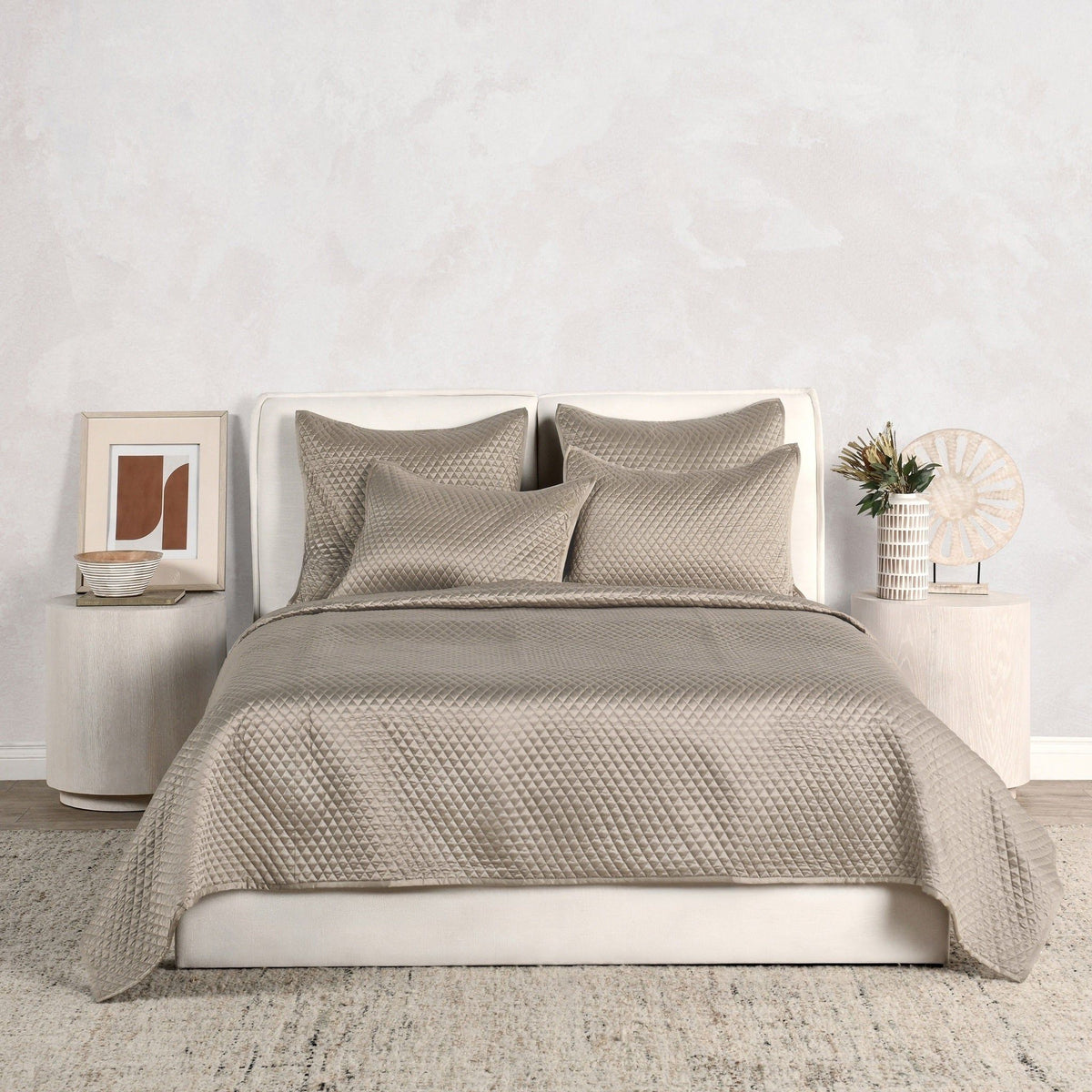 Diamond quilt set in pebble with textured quilt and matching pillow shams