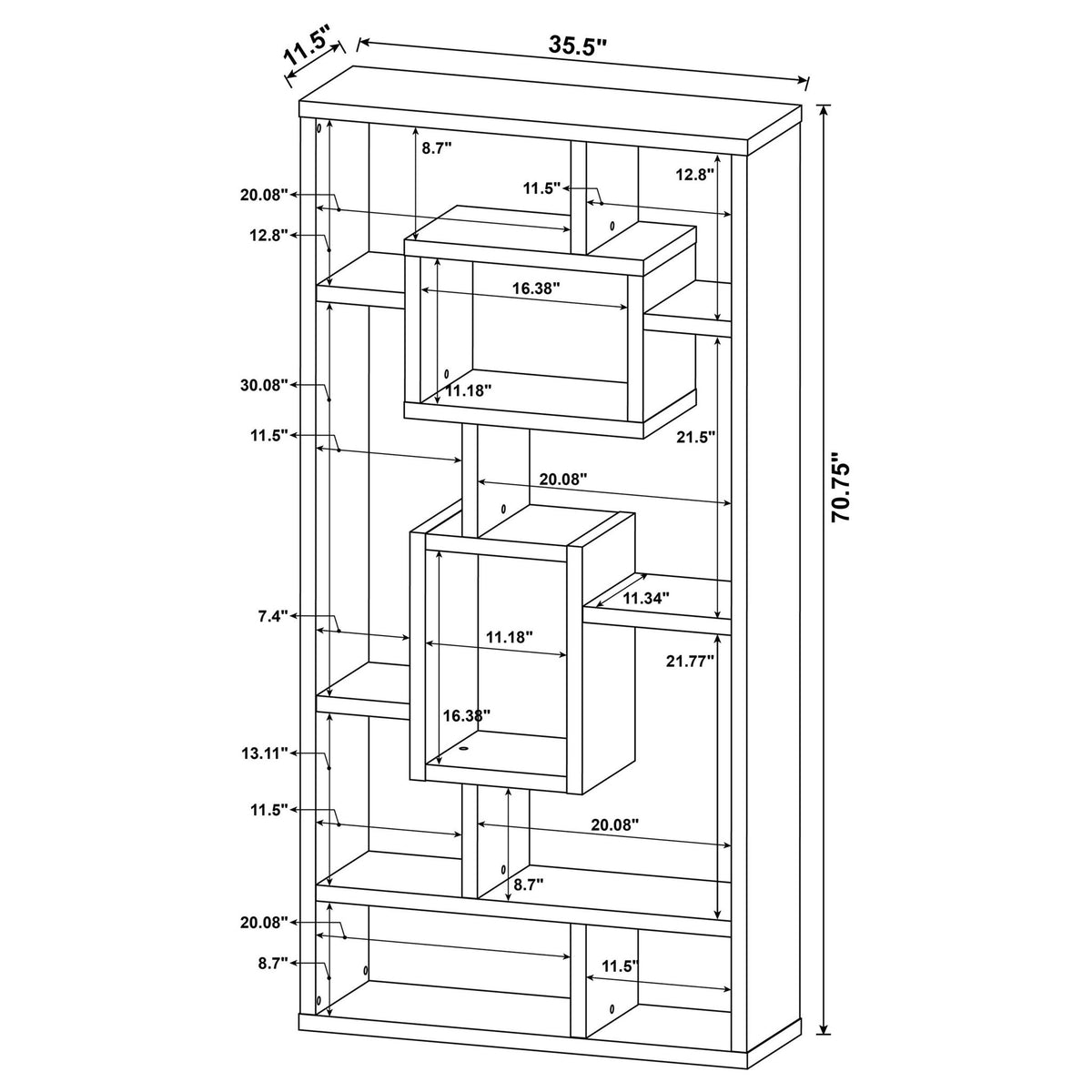 White bookcase dimensions diagram with open shelving layout and interlocking sections