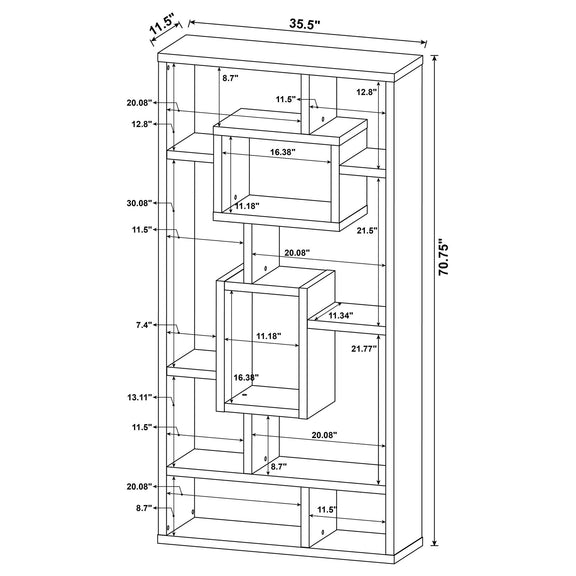 White bookcase dimensions diagram with open shelving layout and interlocking sections