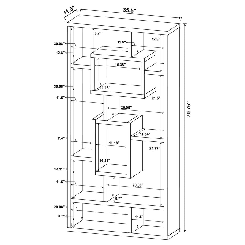 White bookcase dimensions diagram with open shelving layout and interlocking sections