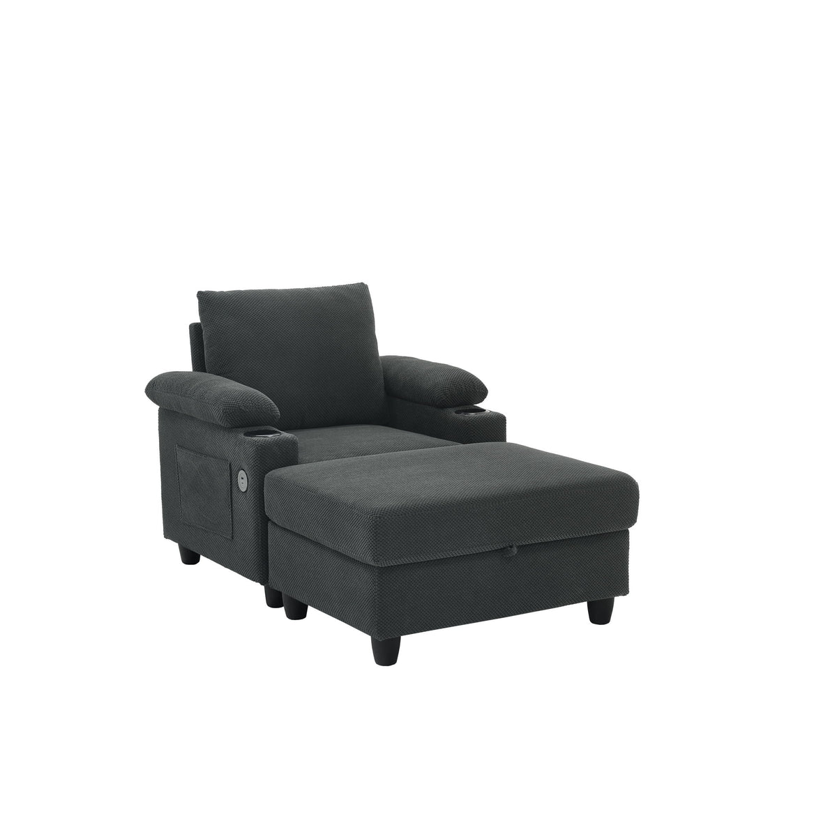 Accent Chair With Storage Ottoman, Reclining Single Chaise Lounge With Cupholders And USB, C Ports