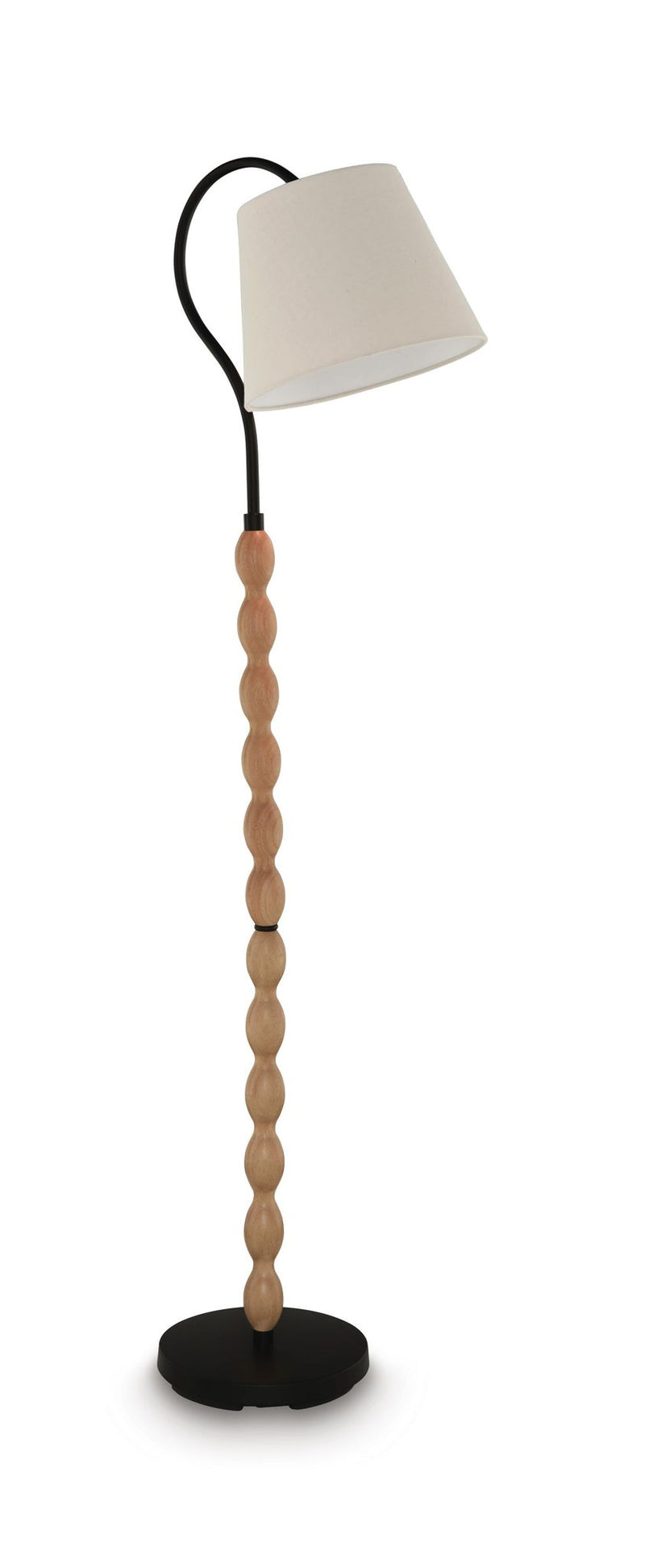 Brown wood floor lamp with black curved metal stand and beige drum shade