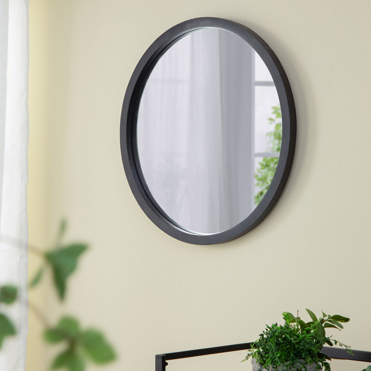 Circle Wall Mirror With Wooden Frame, Wall Mirror For Living Room