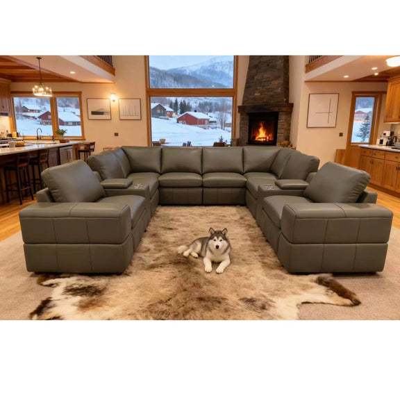 Dark green sectional sofa with large square arms, L-shaped layout, cushioned seat blocks