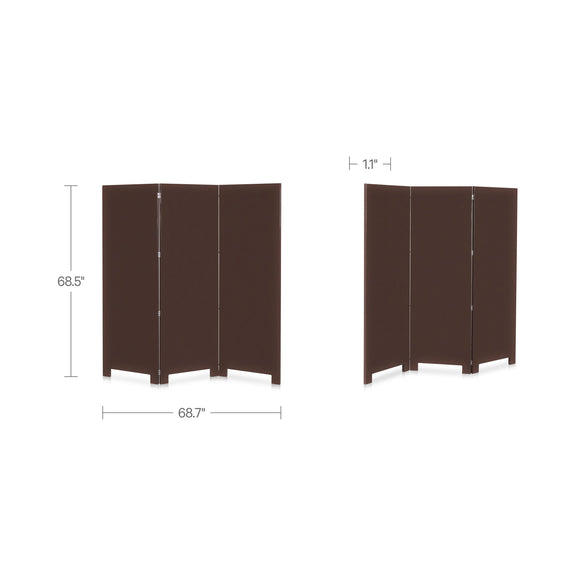 Three-panel folding room divider screen, dark brown, with hinged vertical panels