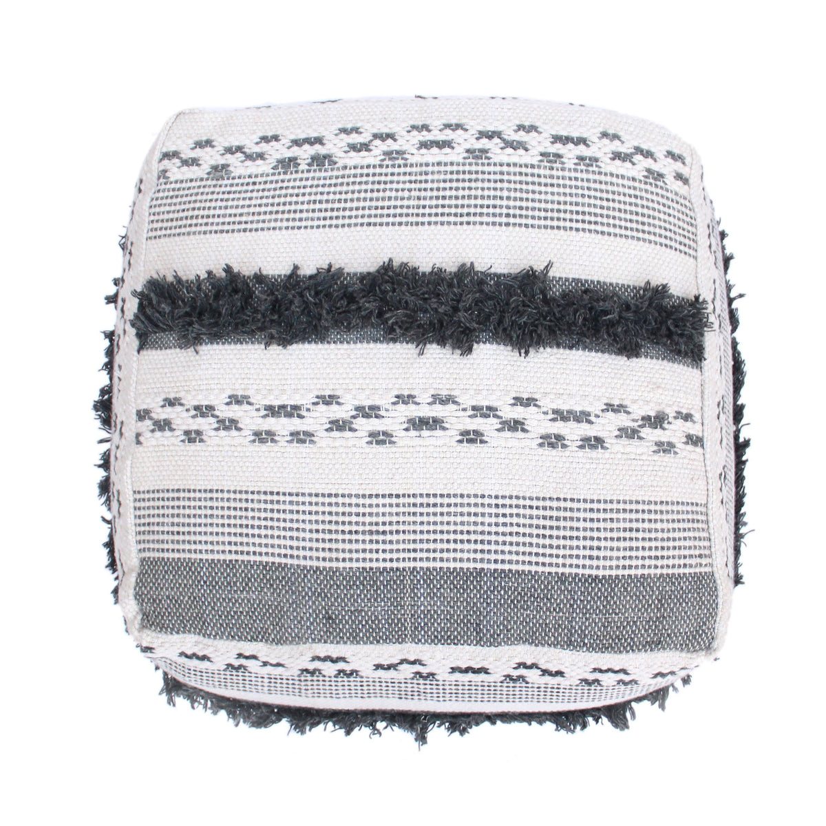 Karim - Faux Yarn Large Pouf, Durable - Ivory / Gray