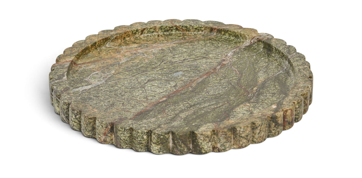 Green genuine marble tray with round top and scalloped outer rim