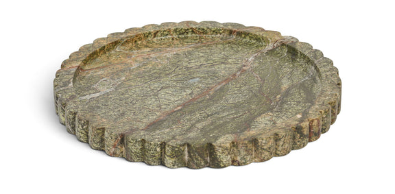 Green genuine marble tray with round top and scalloped outer rim
