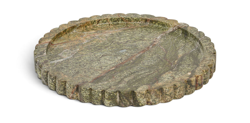 Green genuine marble tray with round top and scalloped outer rim