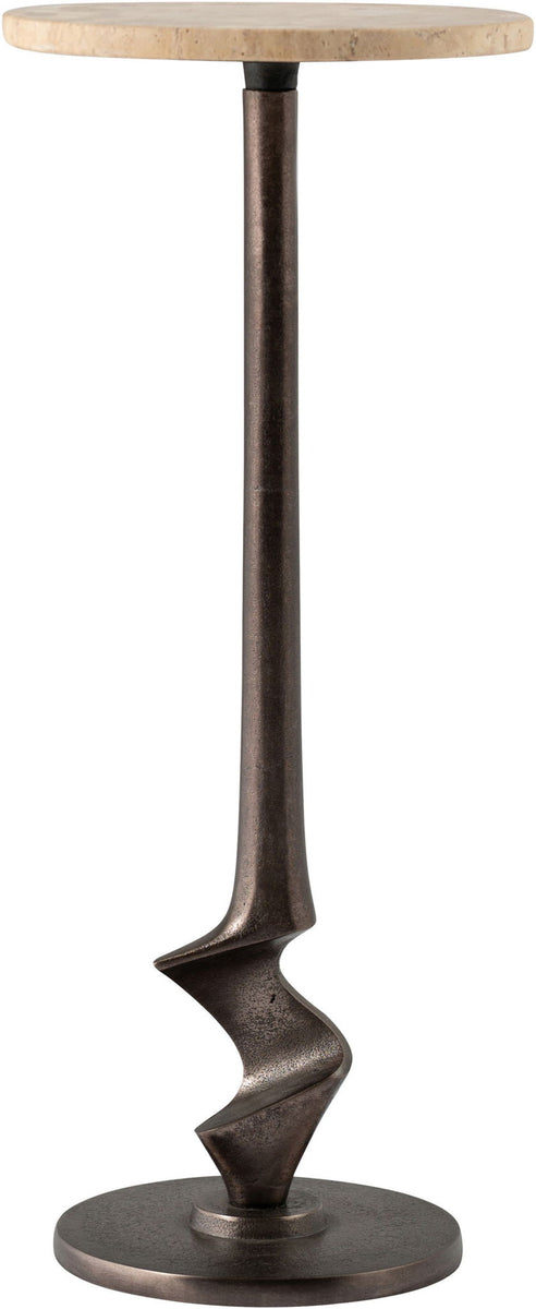 Aluminum end table close-up with light wood-look round top and dark bronze pedestal