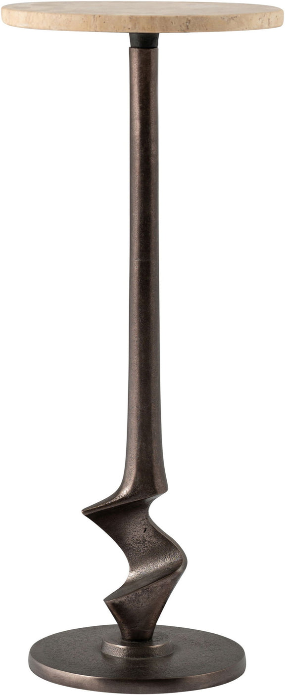 Aluminum end table close-up with light wood-look round top and dark bronze pedestal