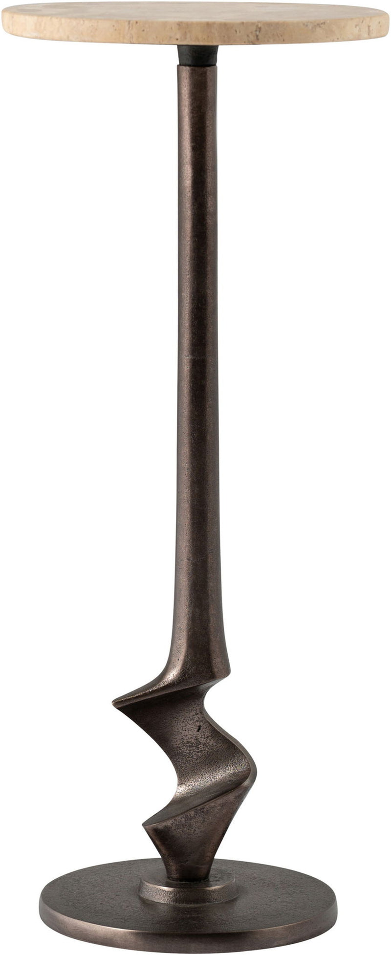 Aluminum end table close-up with light wood-look round top and dark bronze pedestal