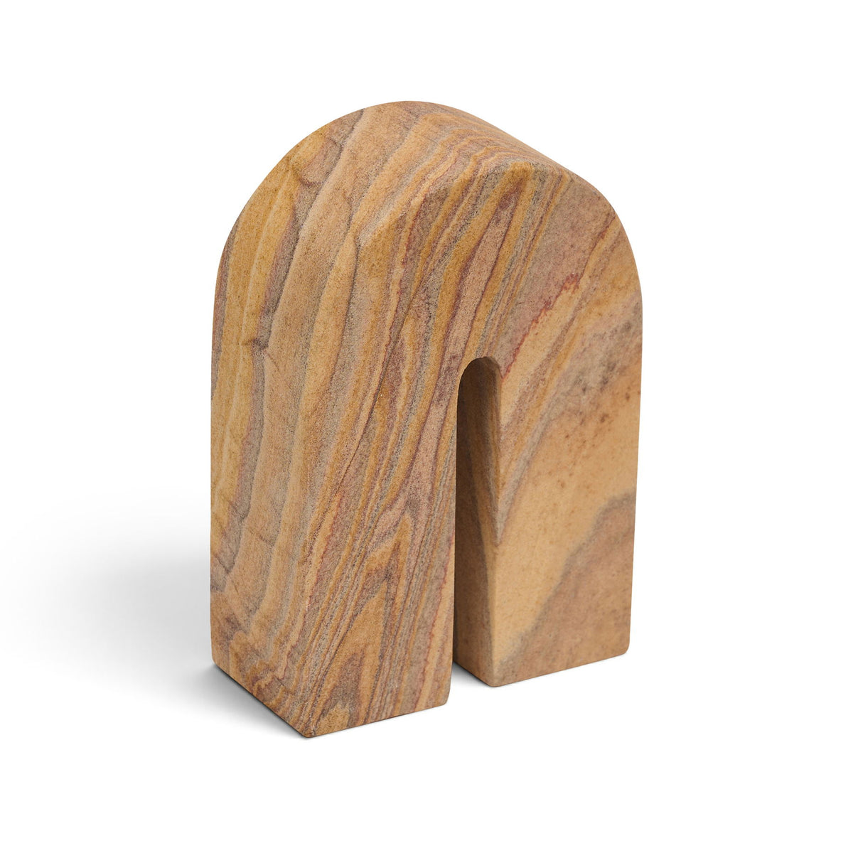 Sandstone bookend with U-shaped notch, striped tan and brown veining