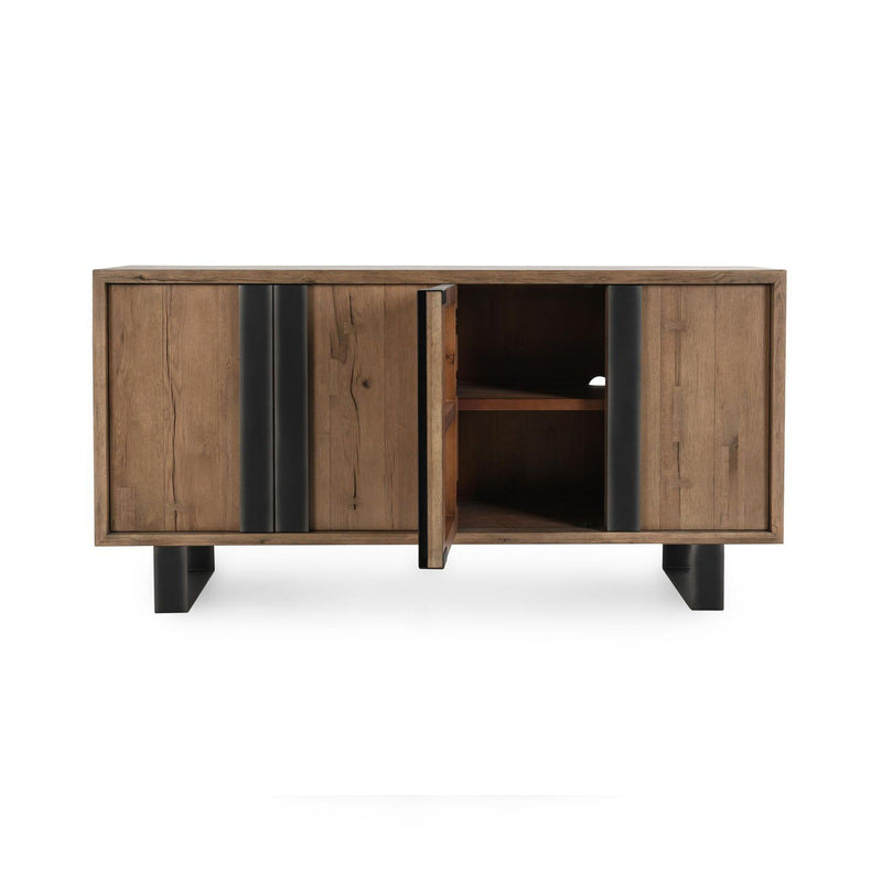 Oak sideboard with two open doors showing an interior shelf; black metal legs