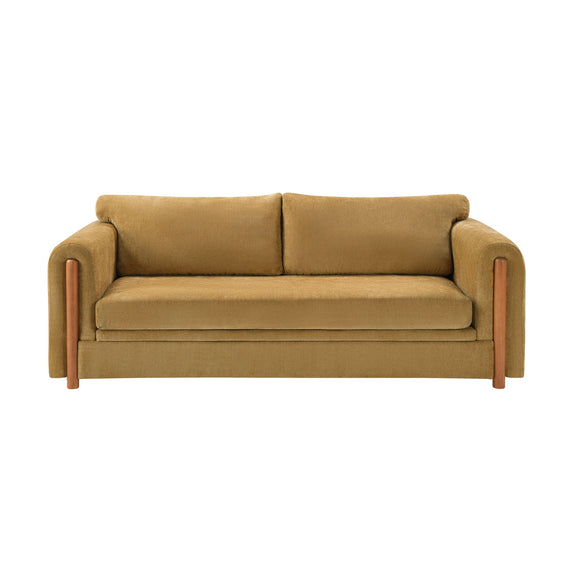 3-seater upholstered couch in warm tan with square arms and dark wooden feet